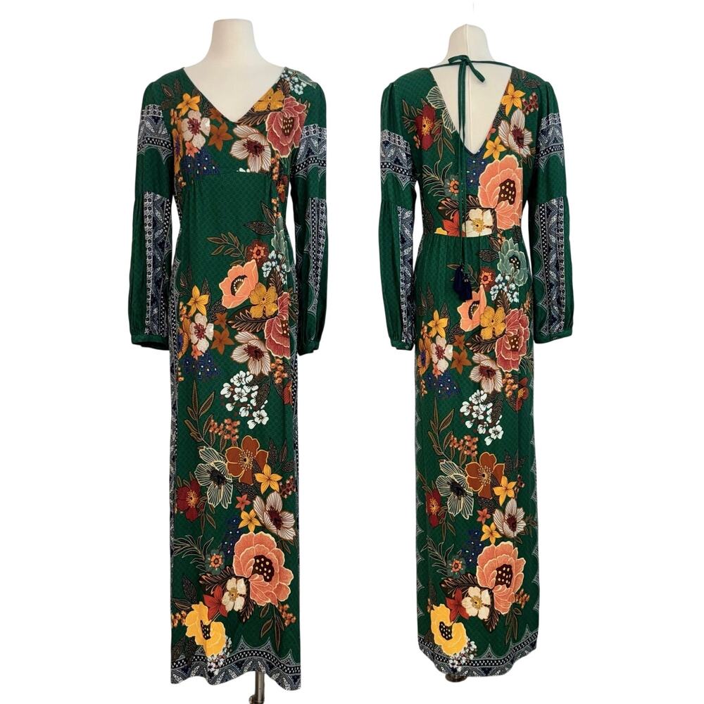 Farm Rio Verdor Long Sleeve Maxi Dress Side Slits Floral Emerald Green M
